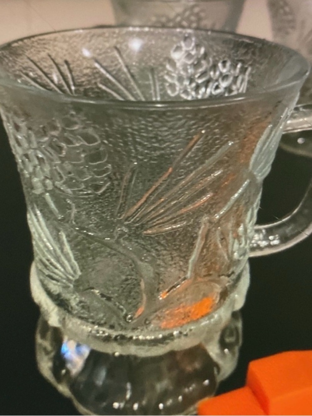 4- Clear Embossed Glass Pinecone Mug - Home Dining Ponderosa 1970’s 10163